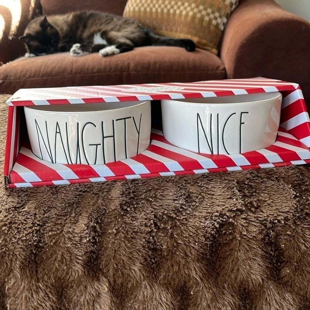 Brand New Rae Dunn 6” Dog Cat Pet Food Bowls Ceramic Naughty Nice Christmas